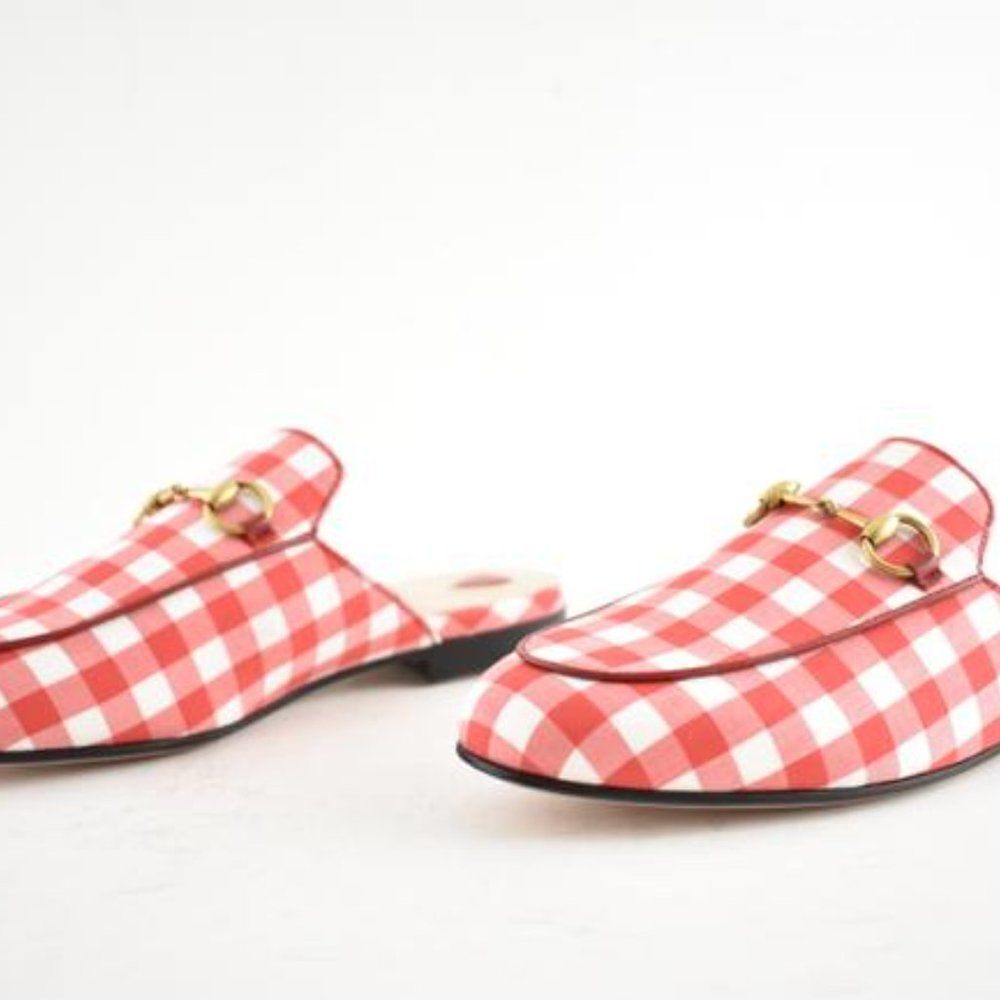 Gucci Women Red & White Gingham Plaid Check Slide Loafer Mule Slipper Si… - Picture 2 of 9